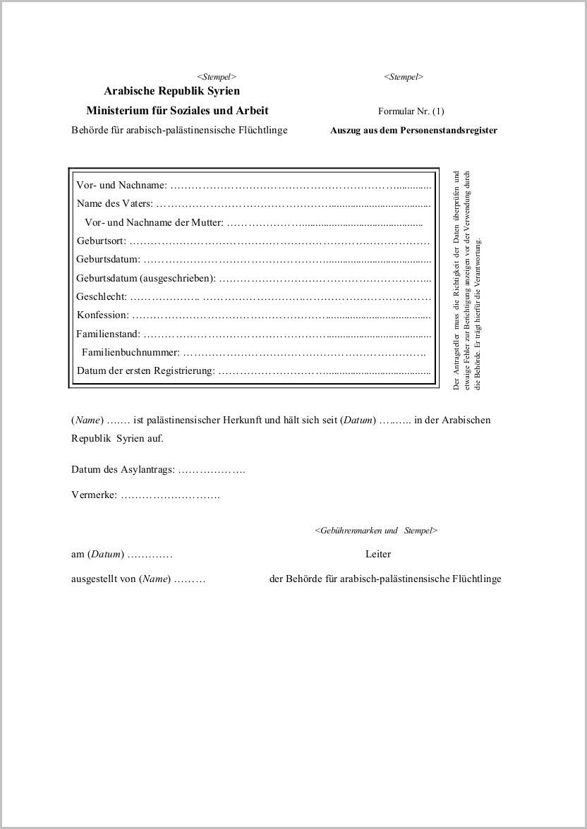Überstezung Auszug aus dem Personenstandsregister für Palästinenser